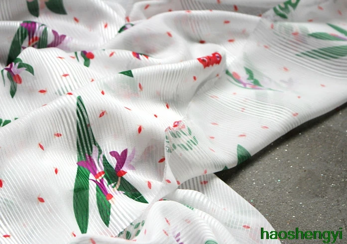 Printed white stripe red green pink flowers and grass chiffon decorative fabric translucent beach wind shirt | Дом и сад
