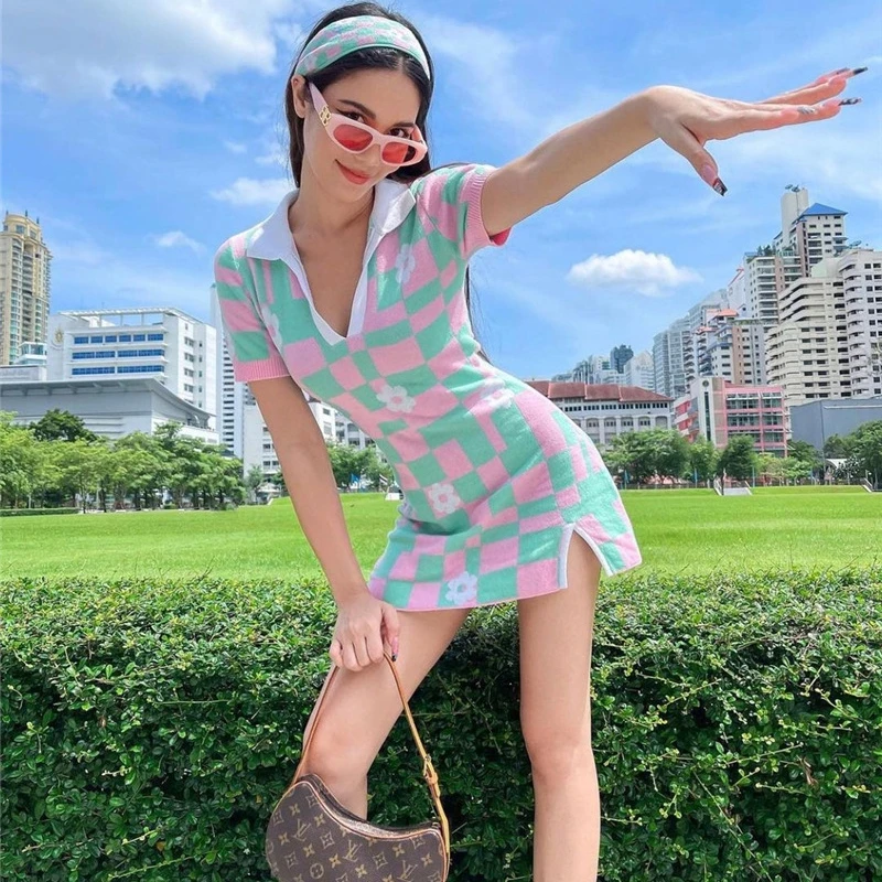 

Combhasaki Y2K Elegant Women High Street Turn Down Collar Short Sleeve Plaid Floral Print Slit Short Mini Party Dress