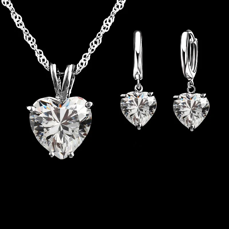 

Top Quality Heart Shape Pendant Necklace 925 Sterling Silver Jewelry Sets Necklace Earring Set Big Stone Cubic Zirconia CZ