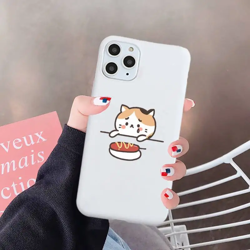 

Cartoon cute cat food glutton Phone Case White Candy Color for iPhone 6 7 8 11 12 s mini pro X XS XR MAX Plus