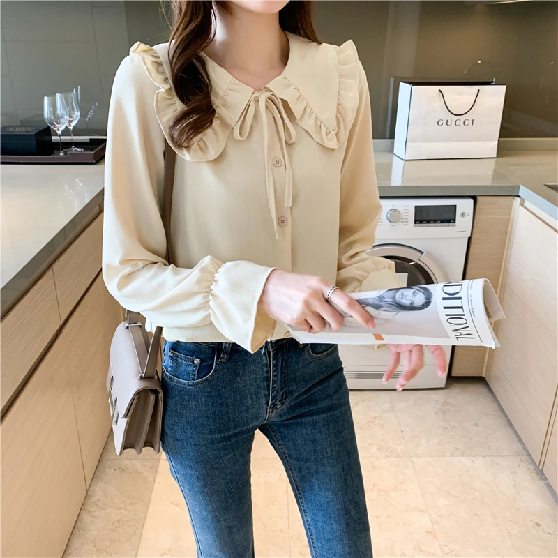 

COIGARSAM Chiffon Shirt Womens tops Spring Peter pan Collar Women shirts White Apricot 9860