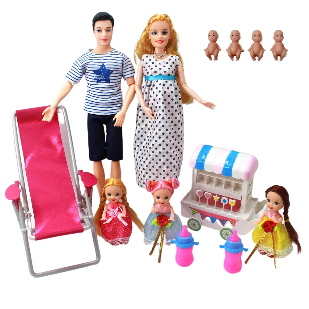 

5-Person family couple combination=11.5" Barbies pregnant doll mom/daddy/girl/stroller/dining chair children toy Christmas gift
