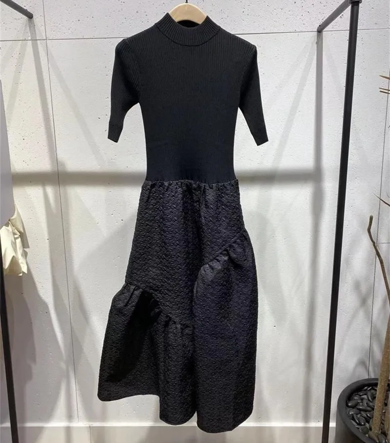 

2021 spring new 5 / 5 sleeve small high collar texture medium long fake two piece dress female mba1drs050