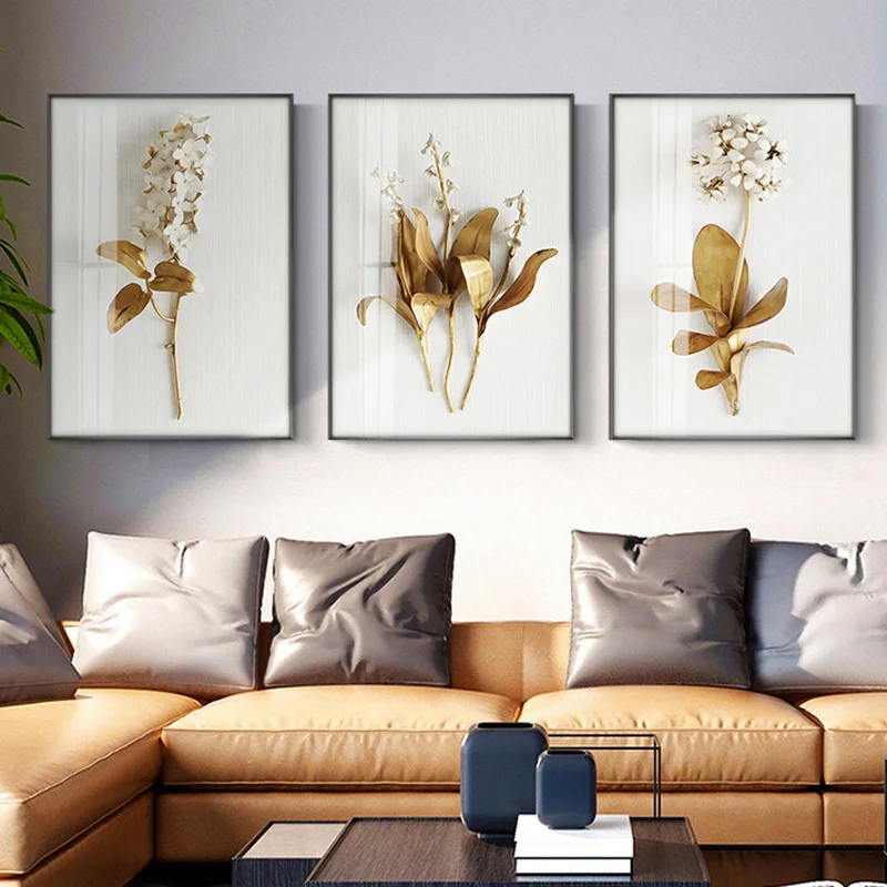 Nordic Золотые листья белые цветы фотографии холст картины стены искусства