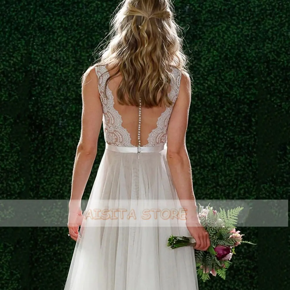 Boho Lace & Tulle Wedding Dresses Simple Sleeveless V Neck Backless A Line Sweep Train Beach Bridal Gowns 2021 Vestido De Noiva