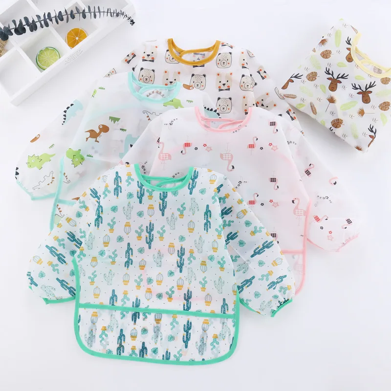 Baberos impermeables para beb&eacute;, Bandana de dibujos animados, delantal de manga larga para comer y dibujar, ropa para eructar, autoalimentaci&oacute;n-0
