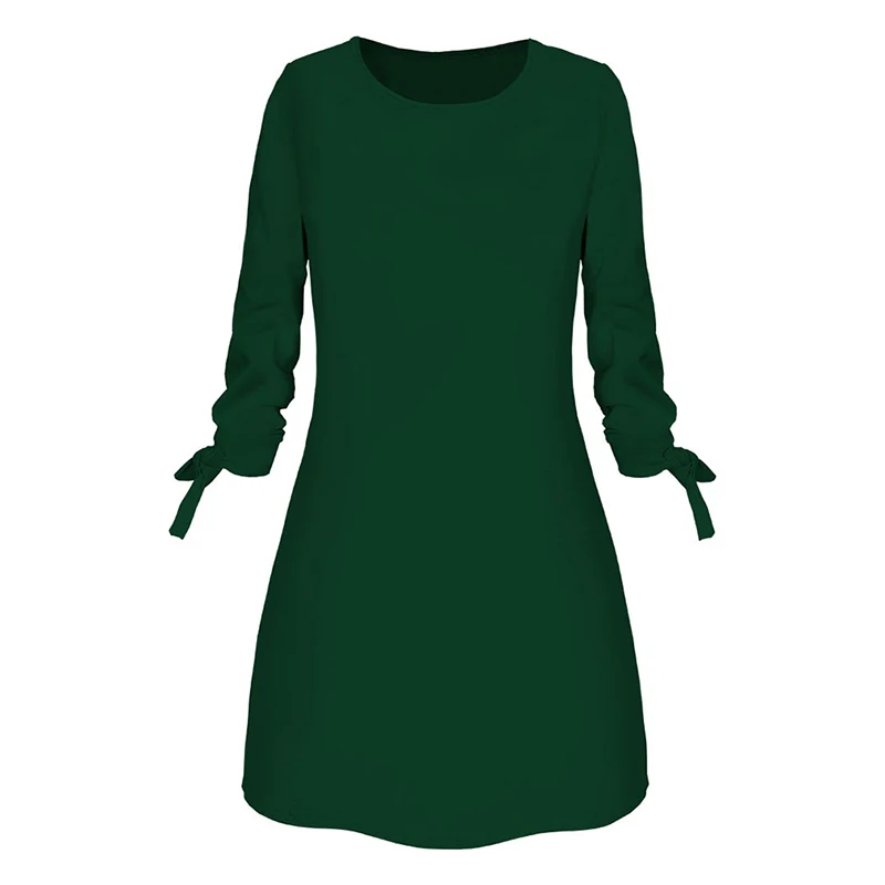

Autum Fashion Solid Color Dress Casual O-Neck Loose Dresses 3/4 Sleeve Bow Elegant Beach Short Mini Dress Plus Size Party Dress