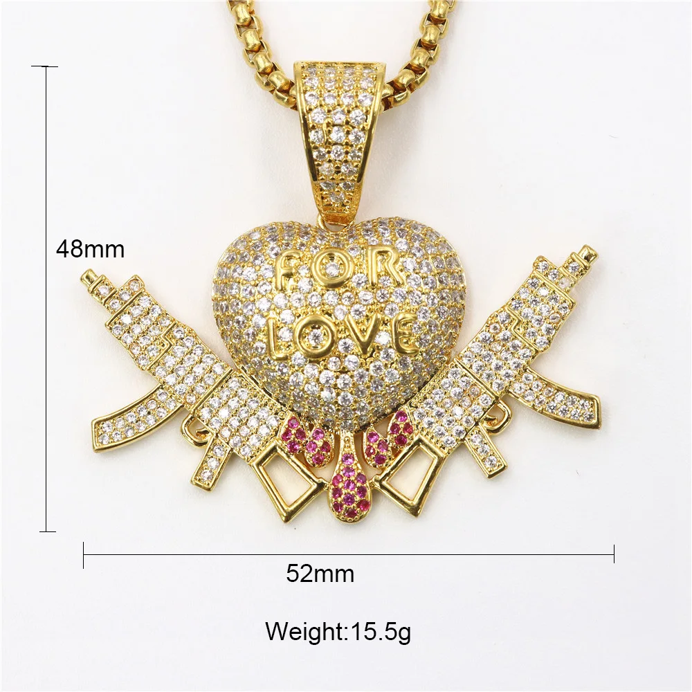 

HIP HOP 3D Love Gun Heart Pendant Chain Necklace With AAA Cubic Zircon Copper Men Hip Hop Jewelry Free Shipping