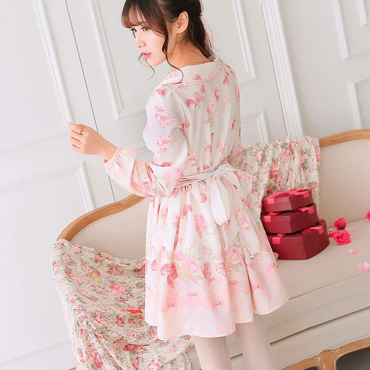 Шифоновое платье с завышенной талией бабочкой и принтом клубники|Женские платья|