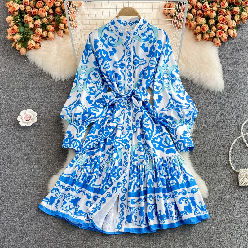 

Amolapha Women Autumn Vintage Elegant Stand Collar Lantern Sleeve High Waist Printed Ruffles Mid-Length Dress