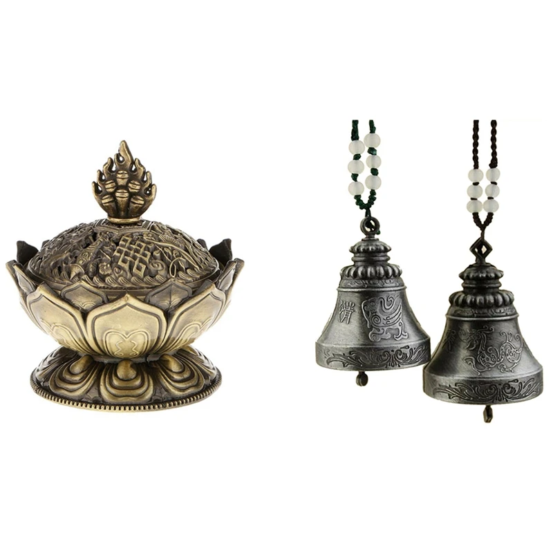 

Lotus Incense Smoke Cone Aroma Burner Stove Backflow Censer with 2Pcs Chinese Vintage Dragon Phoenix Wind Chime Bell