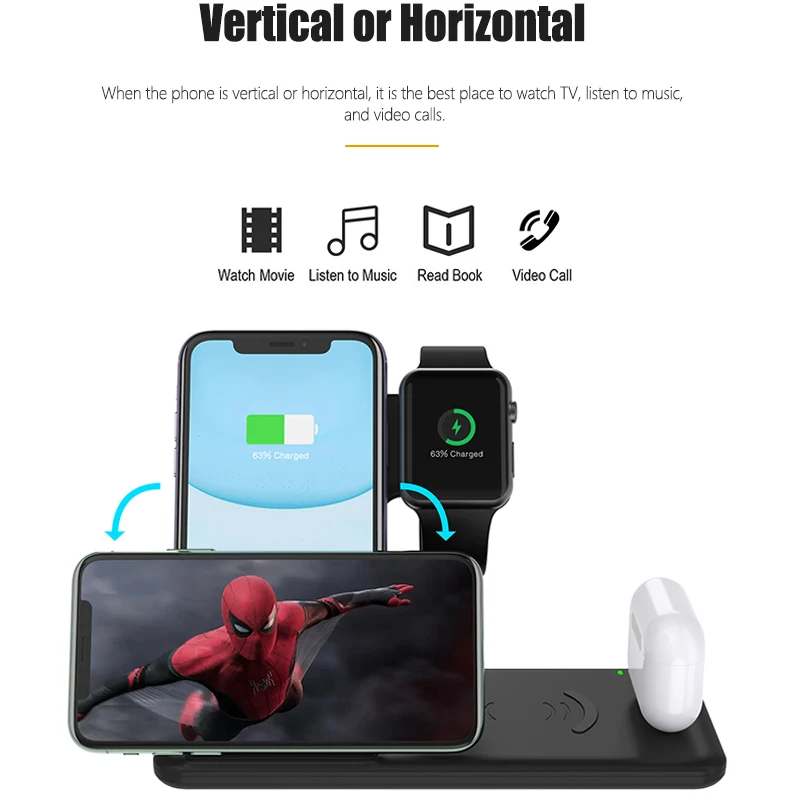 4 в 1 Беспроводное зарядное устройство 15 Вт Быстрая зарядка для iPhone 11/11pro/X/XS/XR/Xs Max