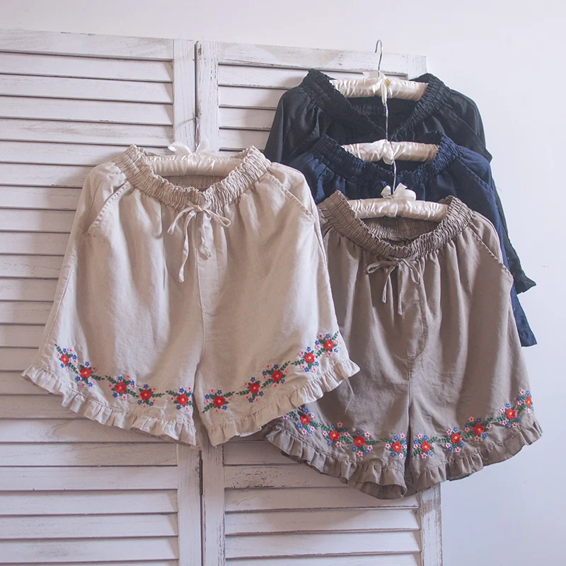 TIYIHAILEY Free Shipping 2021 New Fashion Women Shorts Elastic Waist Cotton And Linen Summer Embroidery Ruffles Pants