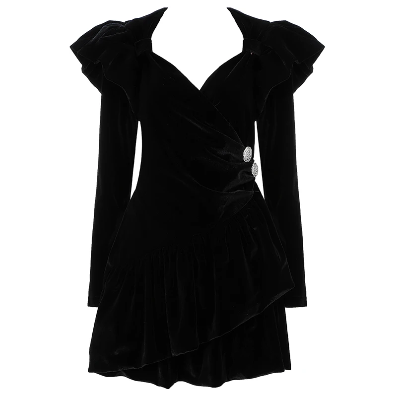 Женское бархатное мини-платье INDRESSME черное платье с оборками длинными рукавами и