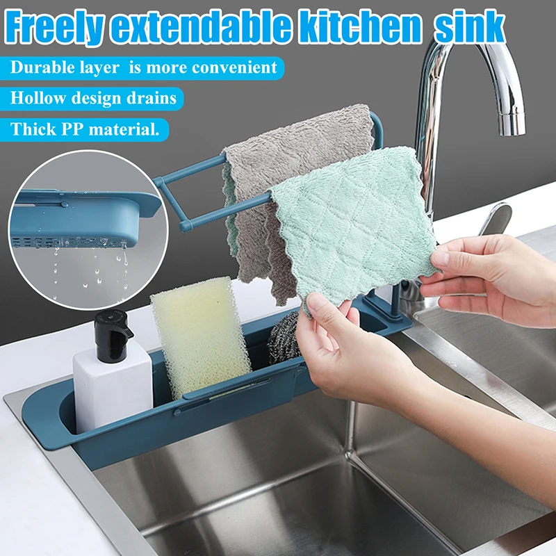 

Telescopic Sink Holder Sponge Soap Rag Storage Drainer Rack Kitchen Sink Adjustable Towel Sundries Organizer Shelf Accessorie