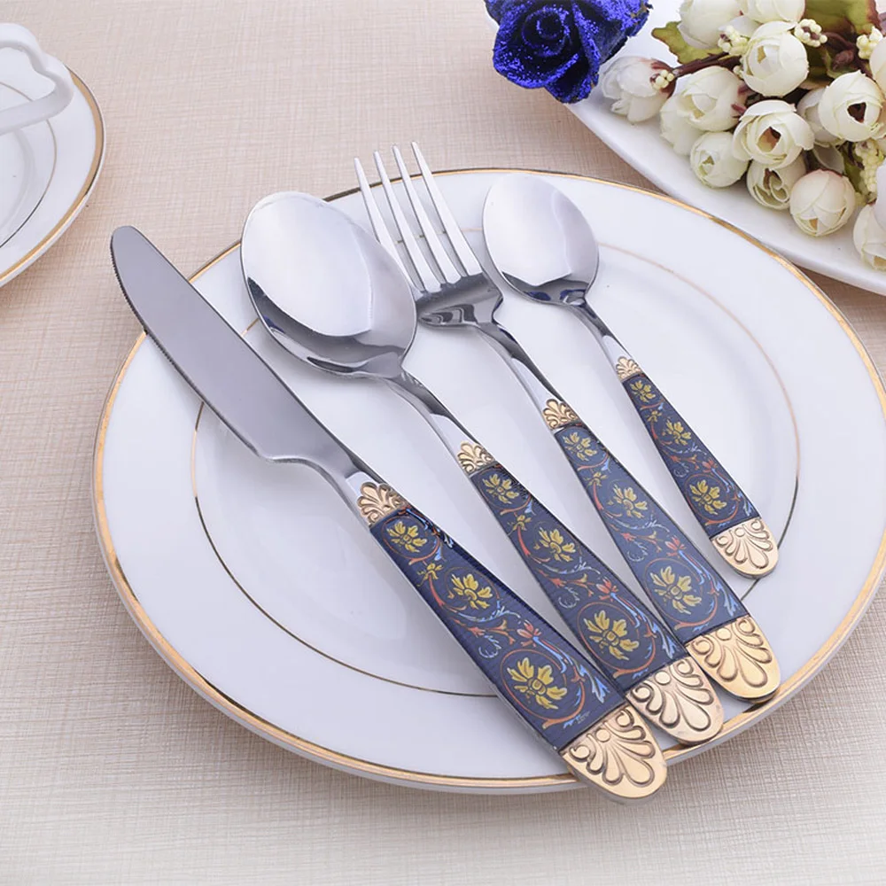 

Стальной набор столовых приборов, набор золотых столовых приборов из нержавеющей стали, набор Европейской посуды, кухонный Ножи Ложки, розо...