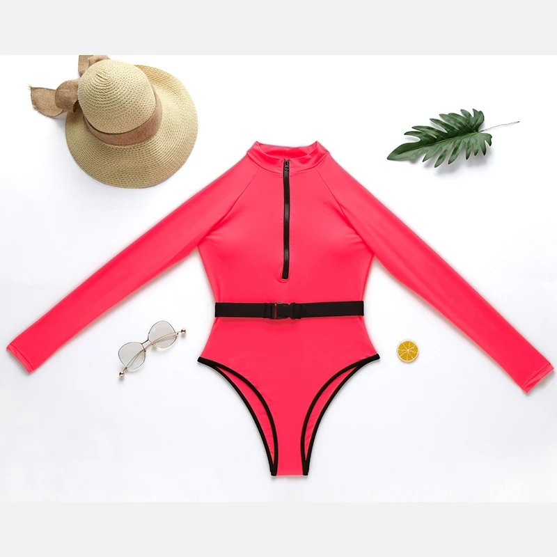 Бразильский Цельный купальник на молнии с длинным рукавом неоново-зеленый