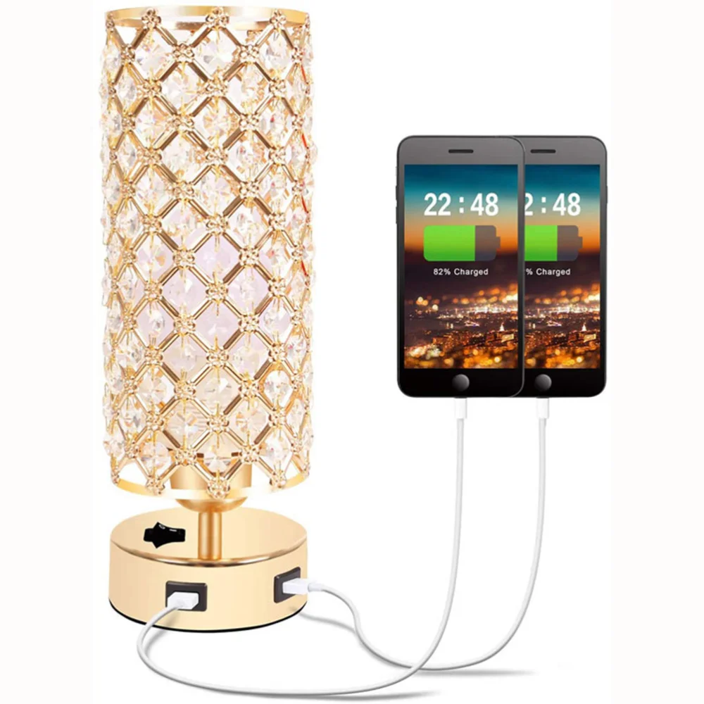 

Dual USB LED Crystal Lampshade Table Lamp Simple Decorative Light for Bedside Reading Room Sitting Room with US Plug without Lig