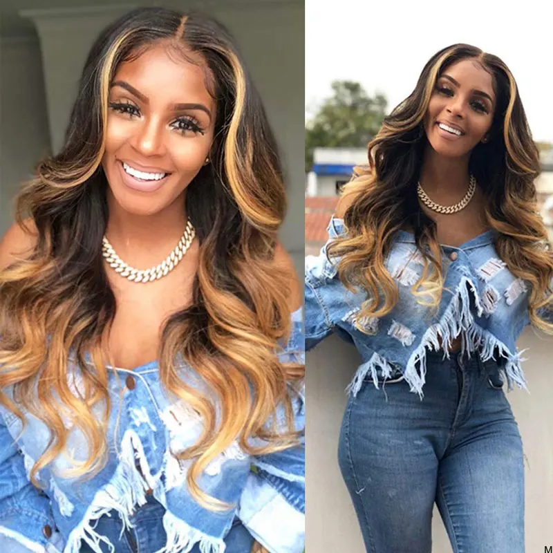 Onda do Corpo Perucas de Cabelo Ombre Destaque Laço Encerramento Peruca 180% Densidade Brasileiro Ondulado 13×4 Rendas Frontal Humano Remy 5×5