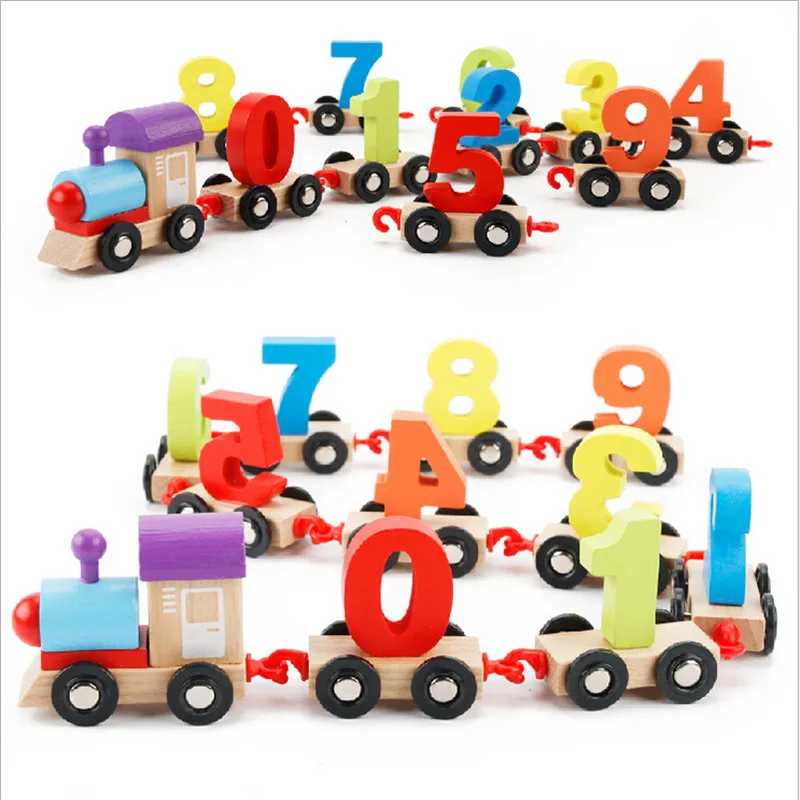 

Montessori Soft Wood Train Figure Model Toy with Number Pattern 0~9 Blocks Educational kids Building Blocks Toy children gifts