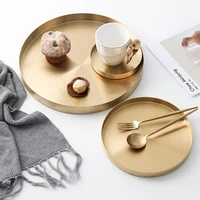 1pcs golden tray cosmetic metal round storage gold snack cake tray saving organizer jewelry display plate round shape home decor