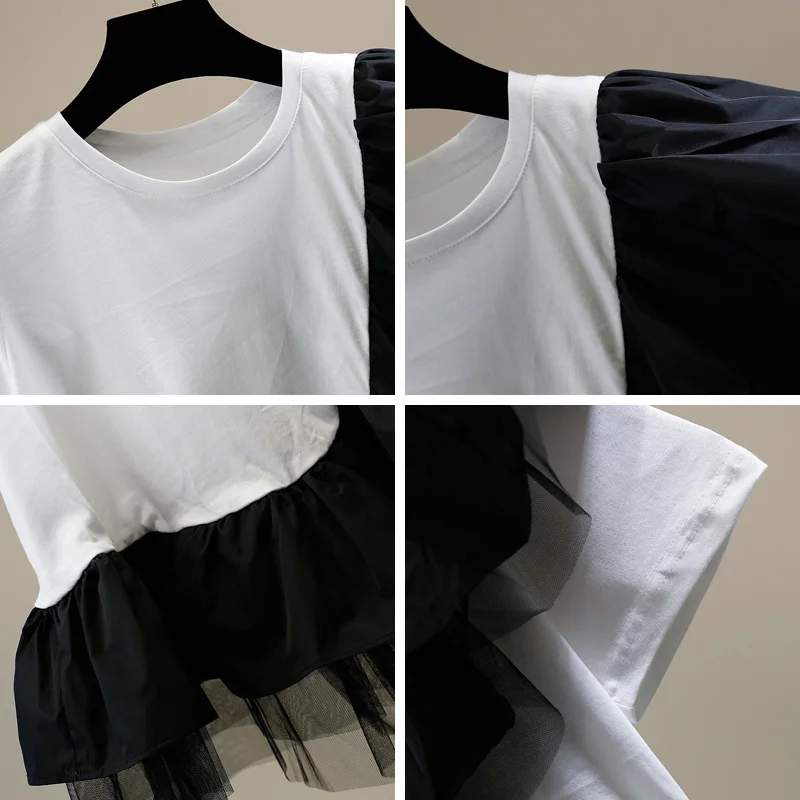 

GVUW 2021 New Spring Summer Fashion Casual Mesh Ruffle Color Contrast Splicing Short Sleeve Temperament T-shirt Loose Top SL098