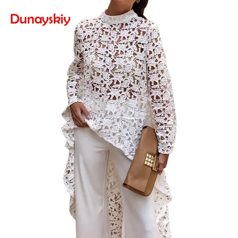 2019 весна осень Женская кружевная открытая рубашка с длинным рукавом Необычные