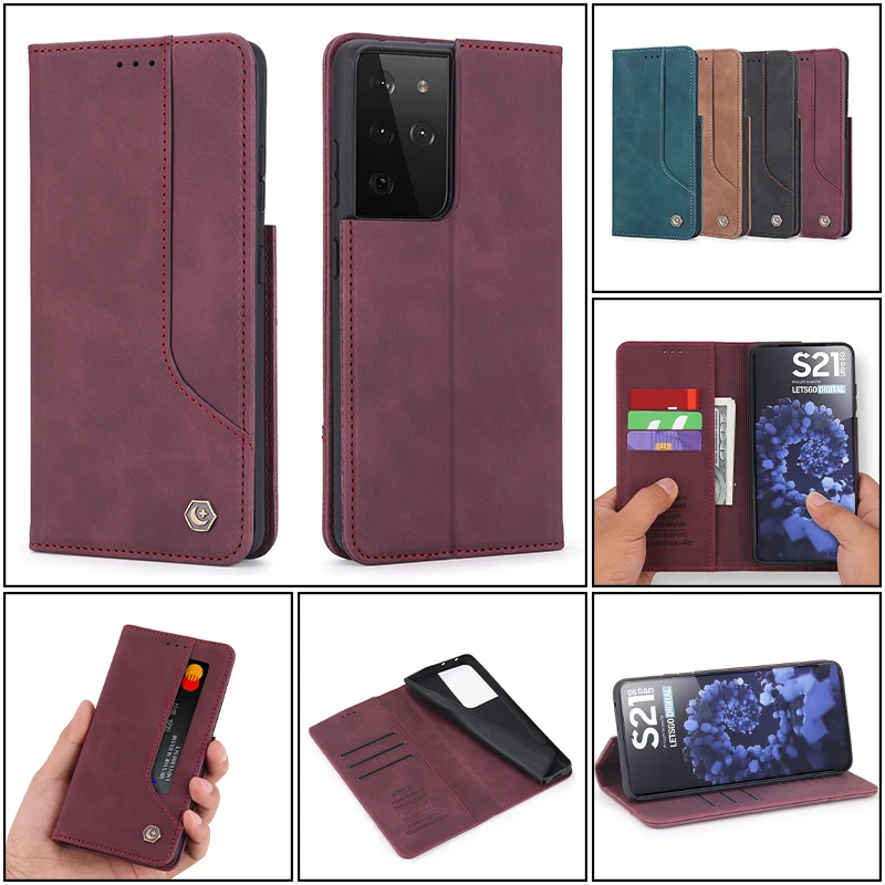 

Magnetic Ultra thin Flip Leather Phone Case For Samsung S9 S10 S20 S21 Ultra Plus Card Slot Wallet Shockproof Protect Cover Capa