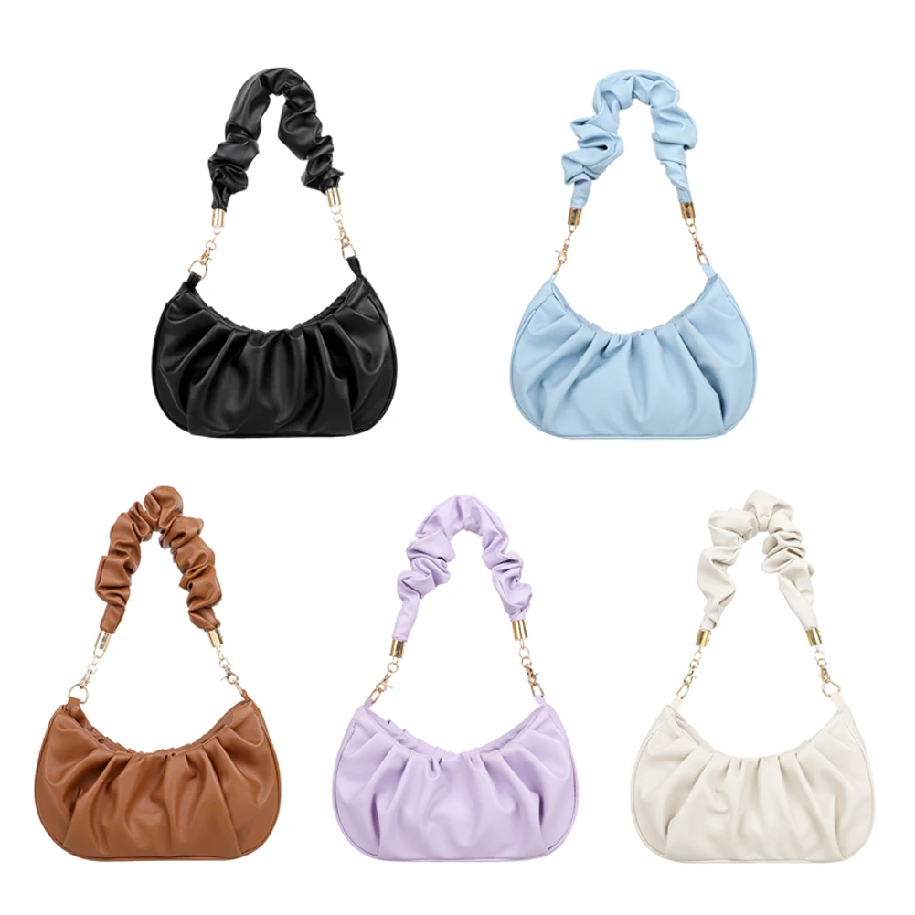 

Fashion Women Pure Color PU Leather Shoulder Underarm Bags Casual Ladies Small Pleated Top-handle Hobos Handbags