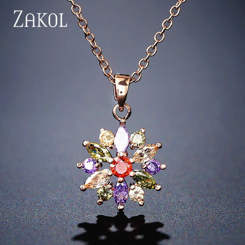 Multicolour ZAKOL Fashion Rose Gold Color Pendants Flower Cluster Clear Crystal Zirconia Sweet Necklaces For Women Jewelry FSNP2105 - Окраска металла: Multicolour