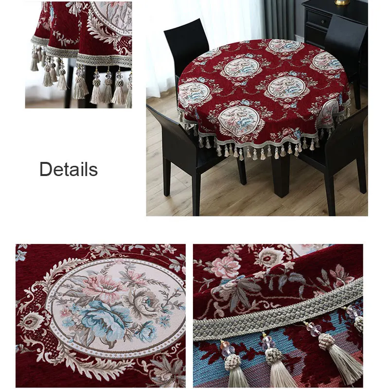 

European Vintage Floral Pattern Round Tablecloth Kitchen Dining Coffee Table Cover Chenille Jacquard Tassels Red Blue
