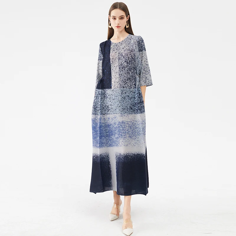 

Nice Spring Summer Miyake Pleated Chinese Style Ink Painting Printed Dress Long Plus Size High Fashion Dress Vintage Clothes