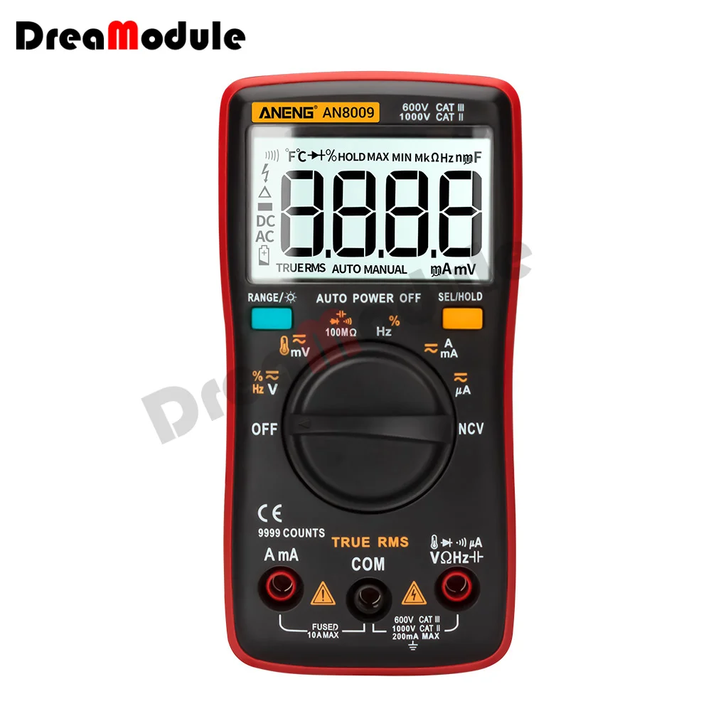 

AN8009 Auto Range Digital Multimeter 9999 counts With Backlight AC DC Ammeter Voltmeter Ohm Transistor Tester multi meter