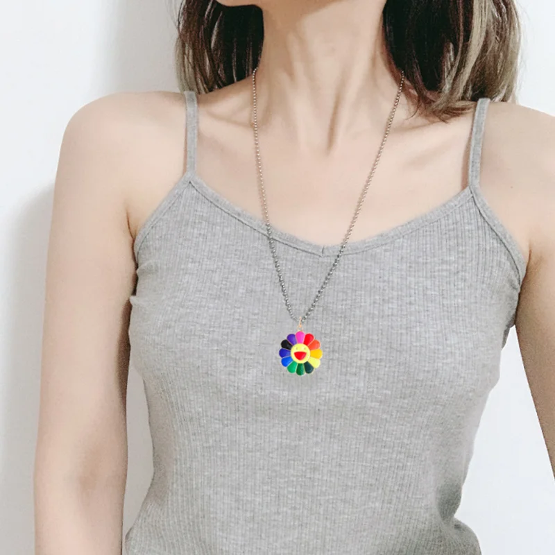 

Harajuku Stainless Steel Sunflower Pendant Necklace for Men and Women Sun Flower Colorful Petals Smiley Rotated Pendant Necklace