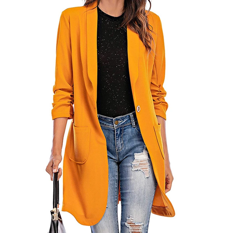 

Новинка, Женский блейзер, повседневные приталенные куртки с длинным рукавом, блейзеры, Женский офисный костюм с открытой передней частью, ж...