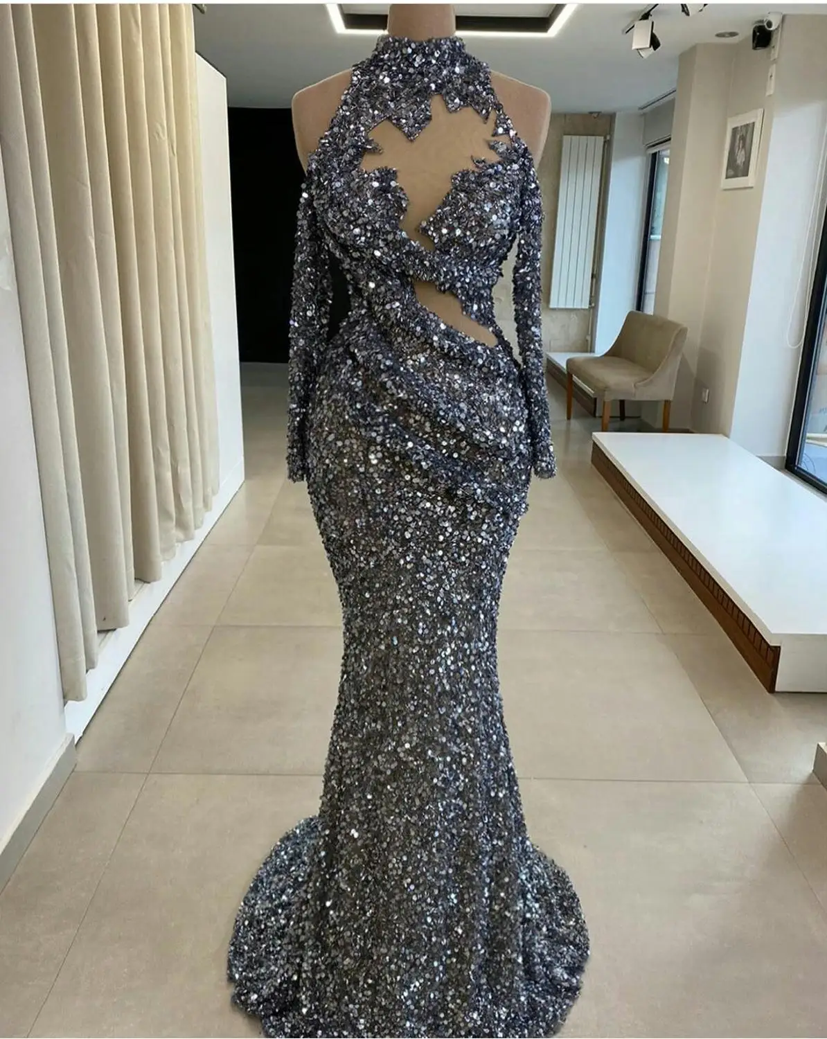 

High Collar Evening Dresses Bling Sequins Long Sleeve Sweep Train Mermaid Prom Dress Lace Sexy Cocktail Gowns Real Image
