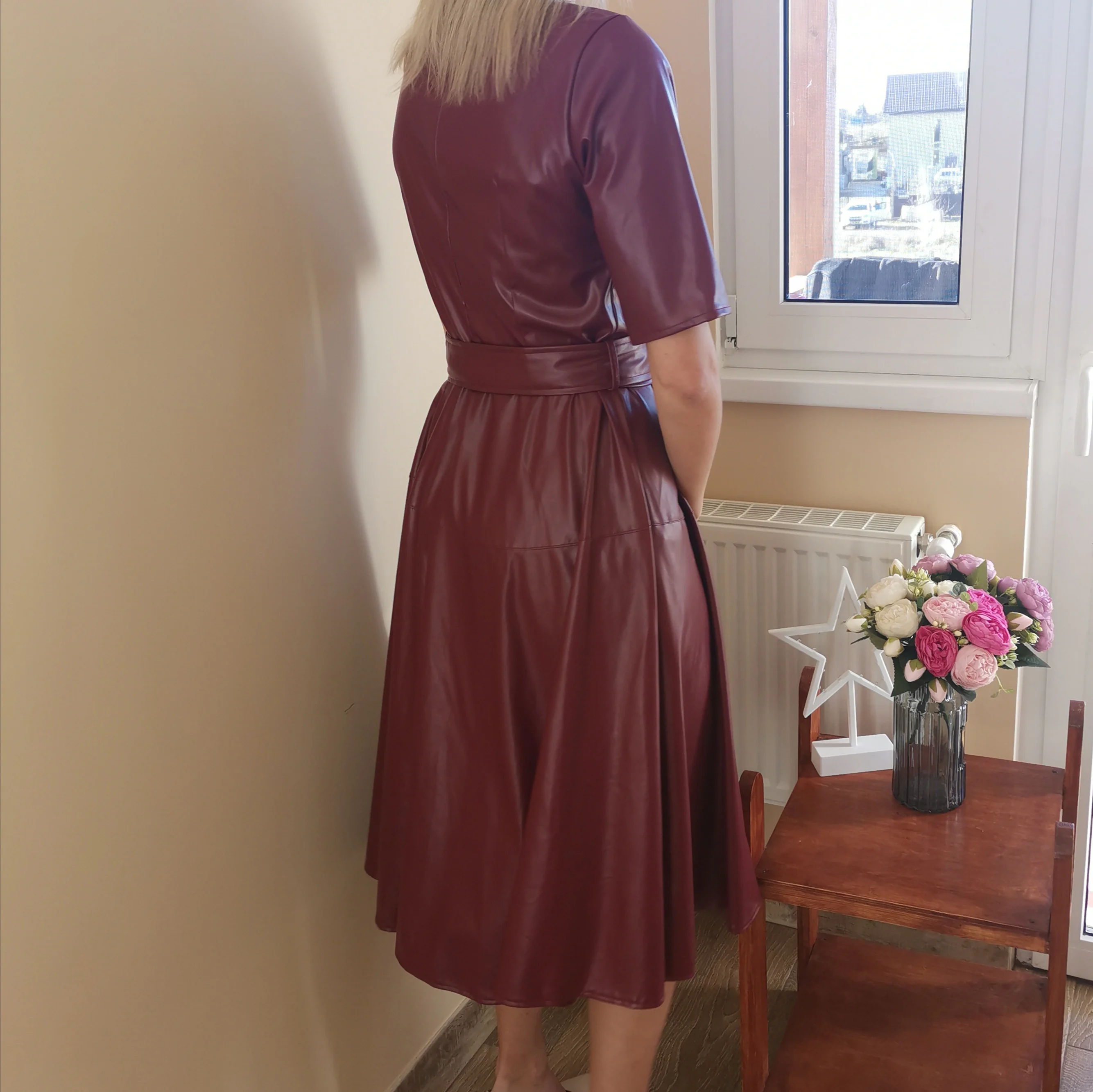 

Sweet A-Line PU Leather Dress Woman O-Neck Single Breasted Short Sleeve High Waist Mid-Calf Dress Casual Holiday New