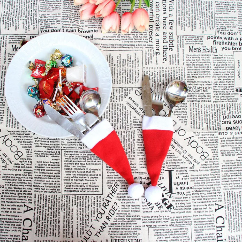 6pcs Decorative Christmas Hat For Cutlery Holder Table Decorations Dinner Party Home Gift Drop Shipping Tableware Fork set @40 | Дом и сад