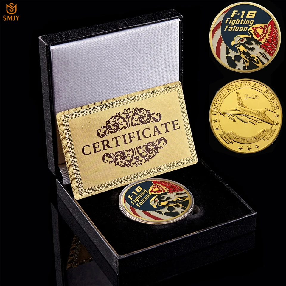 

US Air Force F-16 Fighting Falcon Gold USA Military Hydraulic Craft Challenge Souvenir AliExpress Coins Gift Value W/ Box Holder