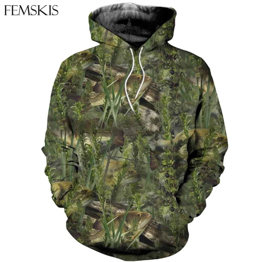 

FEMSKIS Fashion Hunting Fish Camo 3D Digital Printing Leaves Camouflage Couple Hoodies With Pockets Plus Size Unisex Streetwear