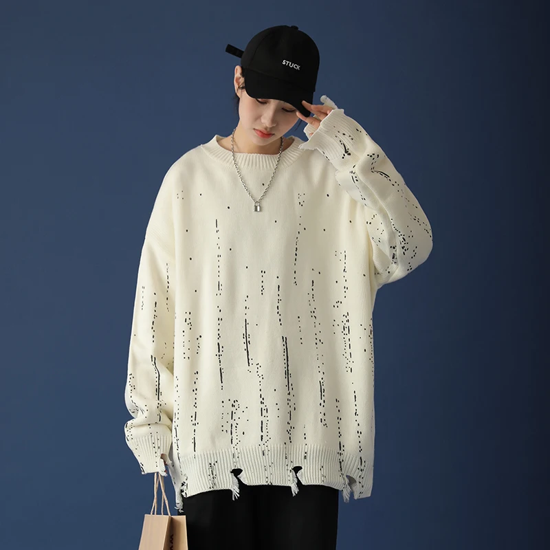 

Женские свитера с рваными дырками, модная одежда в готическом стиле, Осенний вязаный пуловер с бахромой, топы, джемпер в японском стиле Хара...