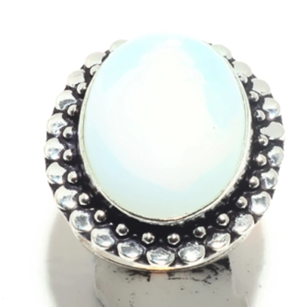 

Genuine Opalite Ring Silver Overlay over Copper , Hand Made Women Jewelry gift , Size : 8.25