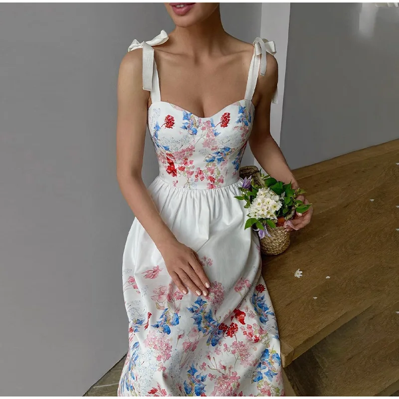 

Women's Slim Midi Dress Sleeveless Spaghetti Strap Lace Up Floral Print Long Dress