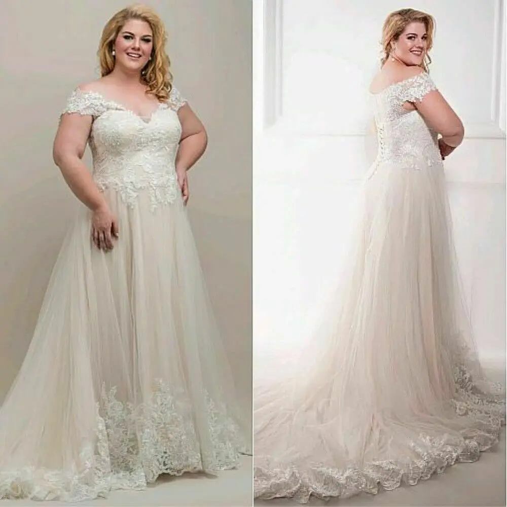 

Champagne Wedding Dresses Lace Applique V Neck Off the Shoulder Plus Size Custom