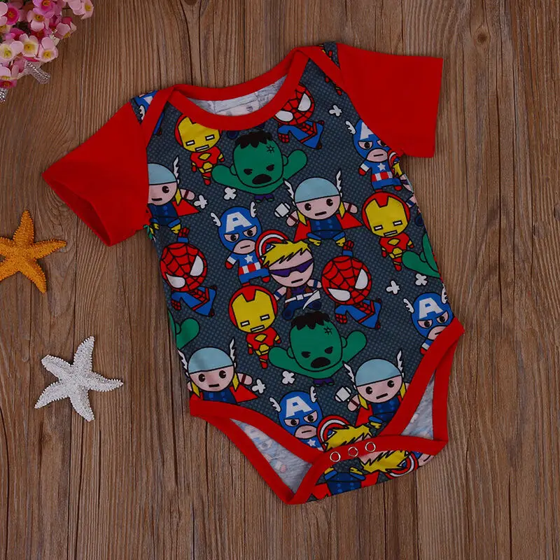 Goocheer Newborn Baby Boy Bodysuit Summer Short Sleeve Cartoon Hero Body Suit Jumpsuit Outfits Clothes 0-18M | Детская одежда и