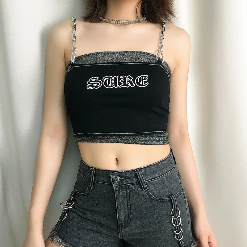 Женская футболка черная Готическая без бретелек Сексуальная уличная с буквенным