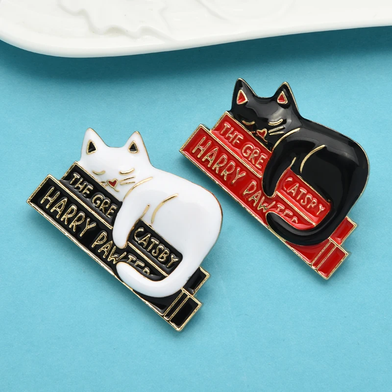 

Wuli&baby Lovely Cat Brooches For Women Enamel Sleep On The Book Cat Animal Casual Party Office Brooch Pins Gifts