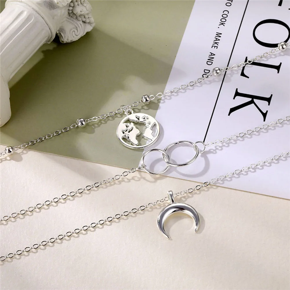 

Fashion Jewelry 2021 Map Moon Necklaces for Women Popular Retro Multilayer Round Pendant Necklace Bohemian Bead Chain Necklace