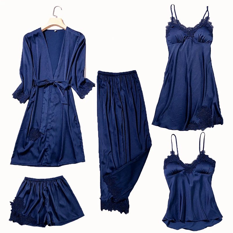 

2022 Satin Lace Pajamas Set Women 5PC Strap Top Pants Sleepwear Sleep Suit Spring Autumn Pyjamas Home Wear Nightwear Robe Gown