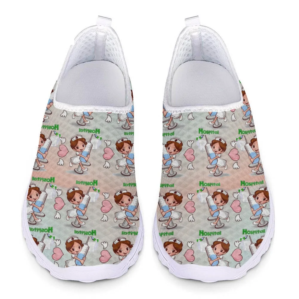 

FORUDESIGNS Ladies Breathable Mesh Sneakers Shoe Super Light Slip-on Loafers Female Comfort Flat Shoes Cartoon Nurse Print Shoe